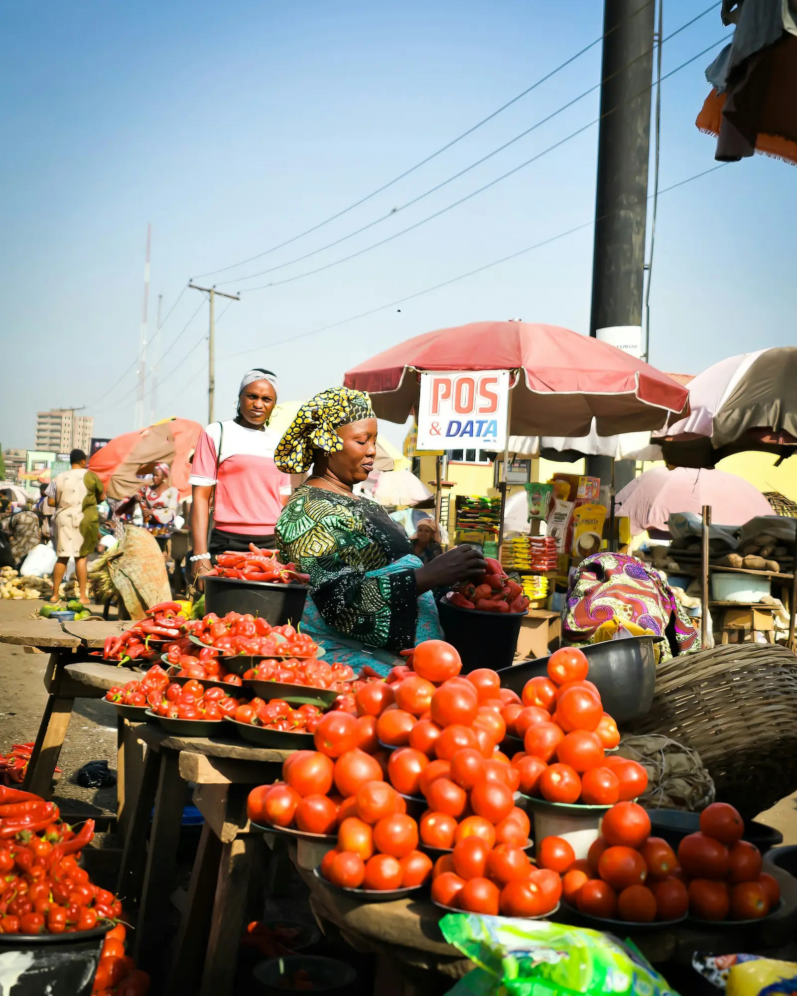 Traders selling fresh tomatoes at a busy Nigerian market